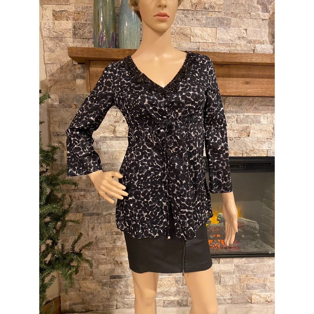 MICHAEL KORS Black Print Tunic Blouse Embellished V-Neck Tie Waist S/P